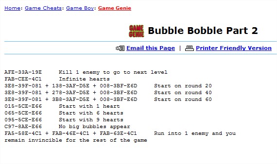 (Game Genie) Codes - Bubble Bobble Part 2